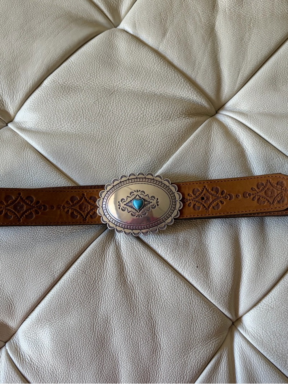 Justin Boots Brown Tooled Leather Belt with Turquoise Accent Buckle
